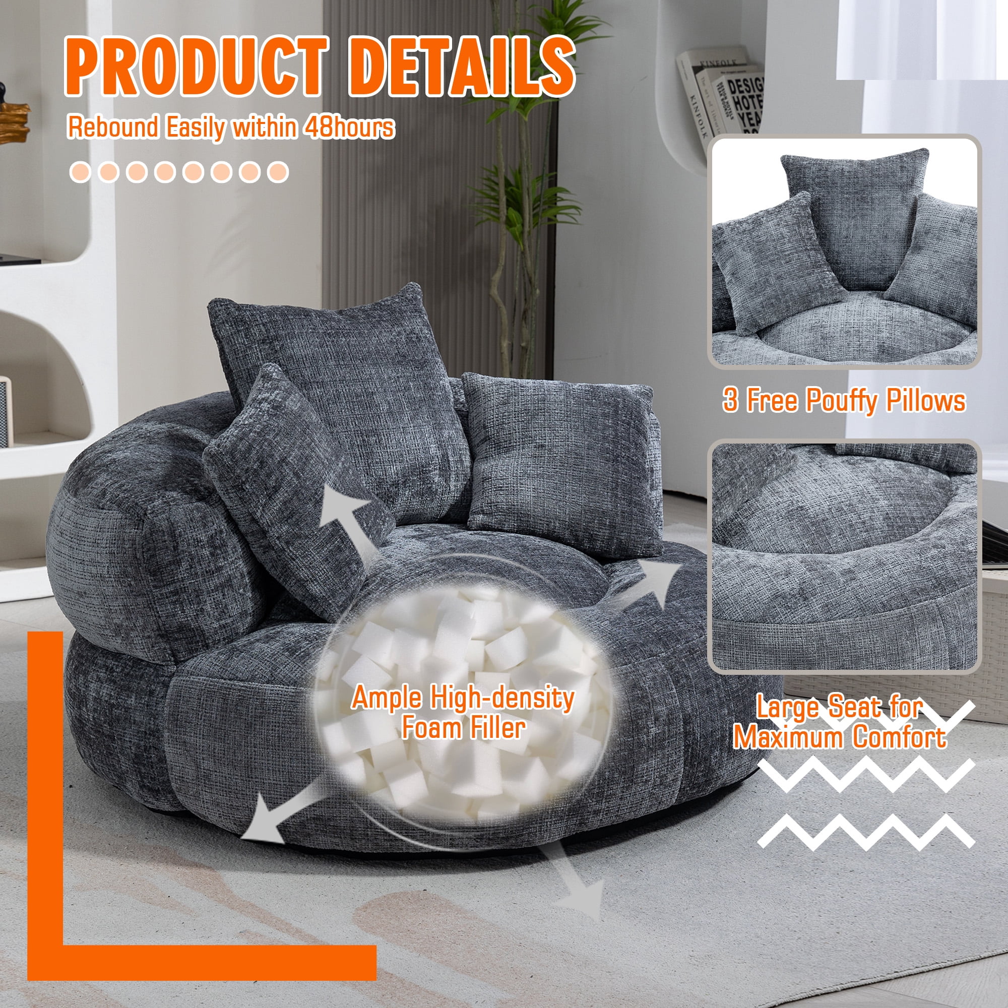 42.5''W Chenille Bean Bag Chairs, Chenille Soft Lazy Sofa Chair, Bean Bag Chair For Adults & Kids To Gaming,Reading,And Watching TV,Living Room, Bedroom,Office Room(Gray)