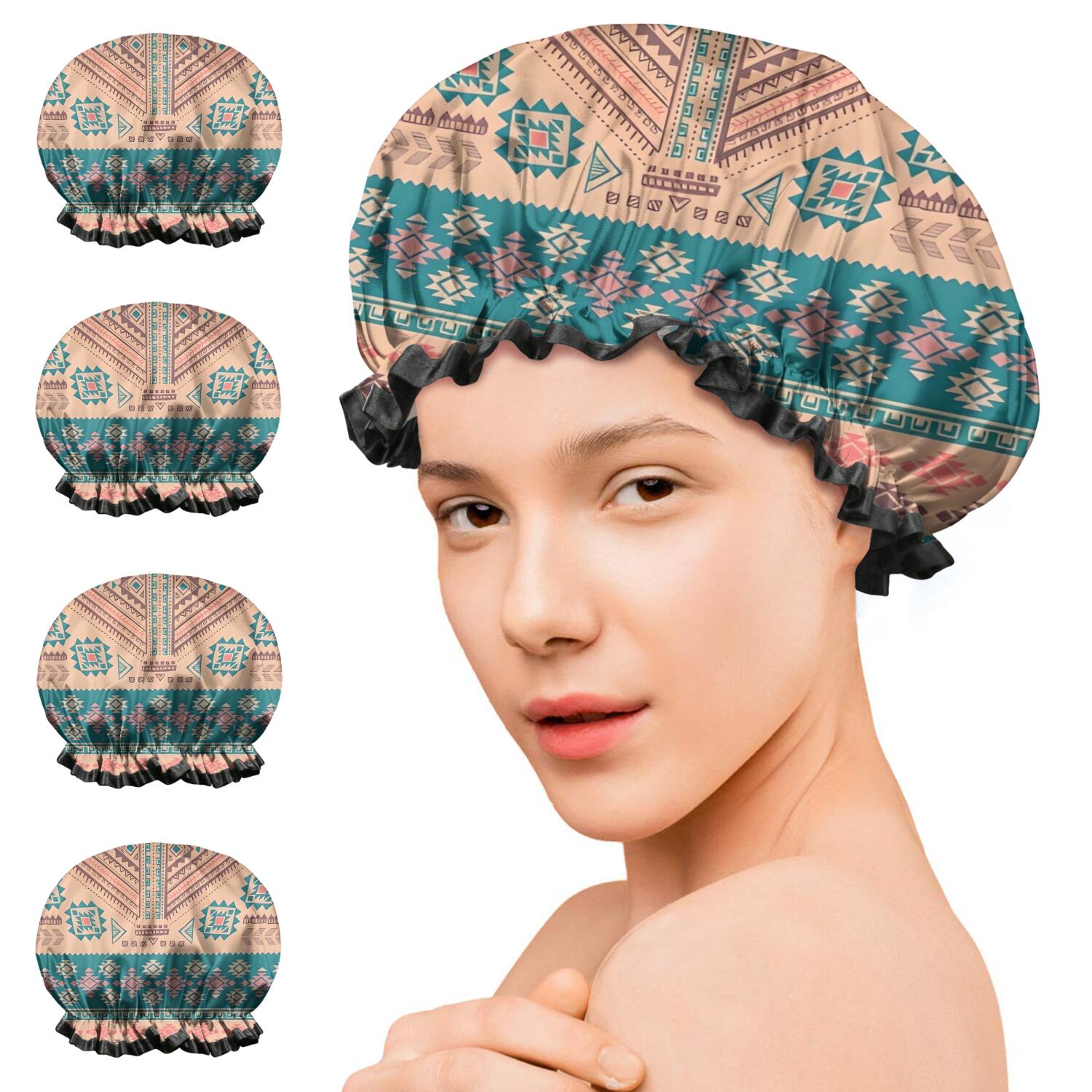 Shower Caps,Multicolor Geometric Boho Pattern Waterproof Shower Cap for Women 4 Pieces,Double Reusable Hair Cover for Shower PEVA Elastic Stretch Hem