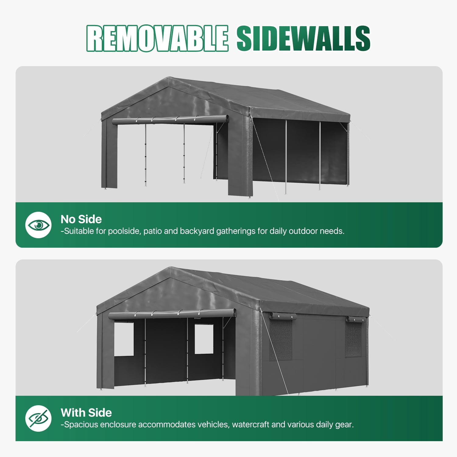 BaPiPro 20x20FT Heavy Duty Carport, Portable Garage Car Canopy with Removable Sidewalls & Roll-Up Doors, Car Shelter for Cars,Trucks and Tools Storage, Gray
