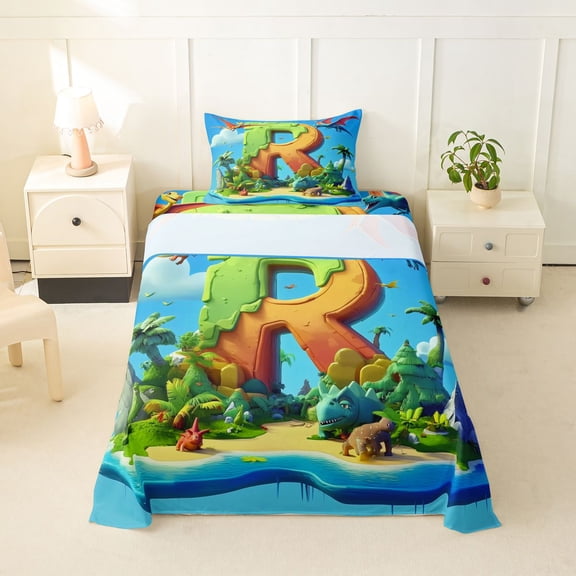 Feelyou Cartoon Dinosaur Letter R Print Twin Sheet Sets for Boys Girls, Cute Animal Bedding, Blue, 3-Piece