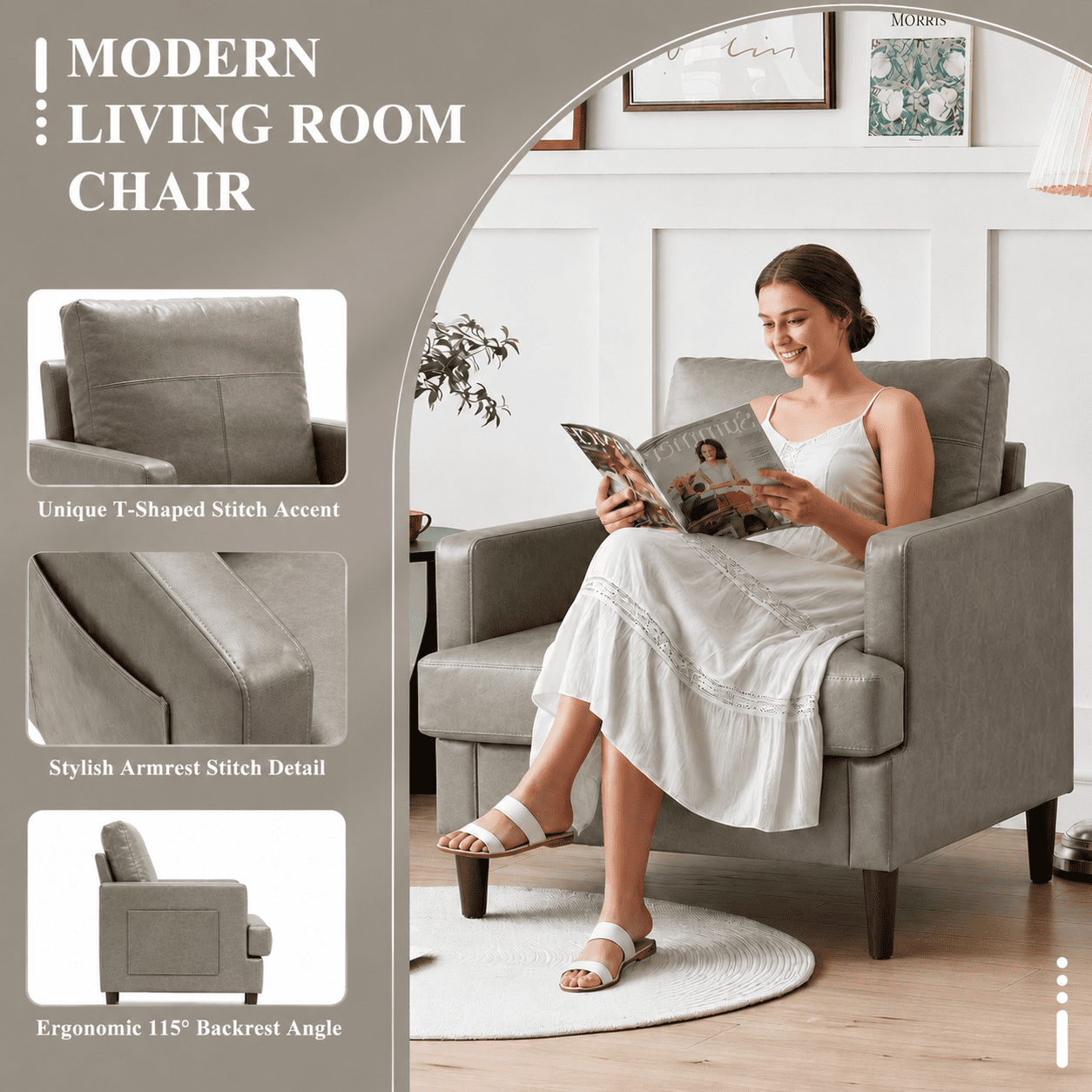 MOONMISS Modern Accent Chair Set of 2,PU Leather Single Sofa with Wood Legs,Reading Armchair for Living Room,Bedroom,Office,Gray