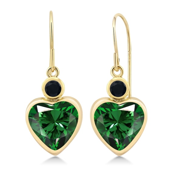 Gem Stone King 14K Yellow Gold Green Nano Emerald and Black Onyx Earrings for Women (1.80 Cttw, Gemstone May Birthstone, Heart Shape 8MM and, Round 3MM)