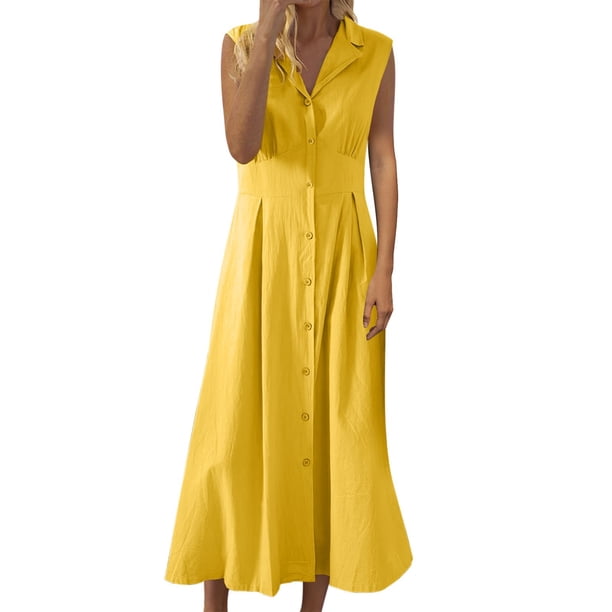 Vestido de verano sin mangas con cuello de solapa y botones de largo medio para mujer - Vestido de fiesta informal y holgado con cuello vuelto