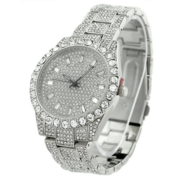 Men’s Silver Tone CZ Iced-Out Clubbing Watch – 44mm Case, Bling Dial, CZ Bracelet