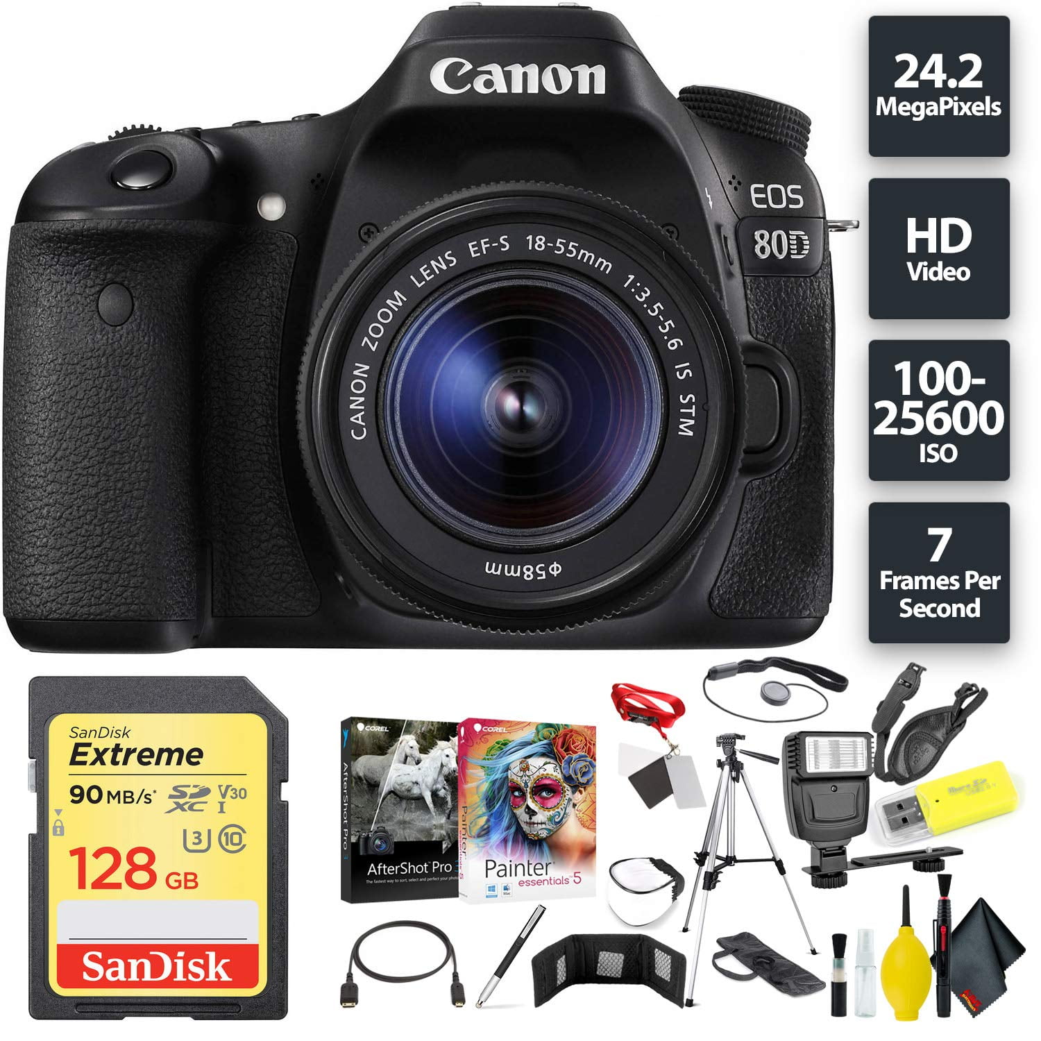 Canon EOS 80D DSLR Camera + 1855mm Lens + 128GB Memory Card (1x 64