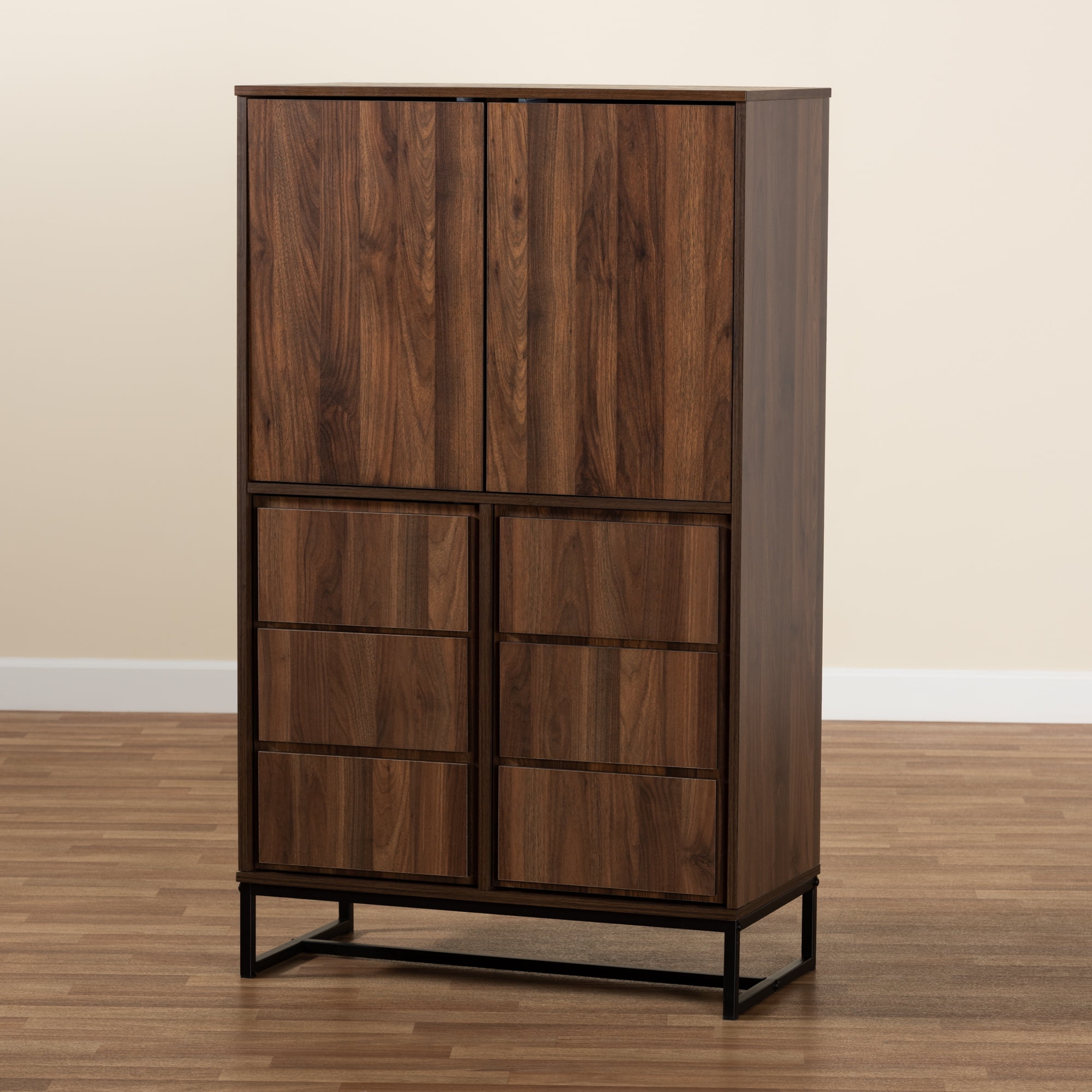 Baxton Studio Neil Modern and Contemporary Walnut Brown Finished Wood and Black Finished Metal Multipurpose Storage Cabinet