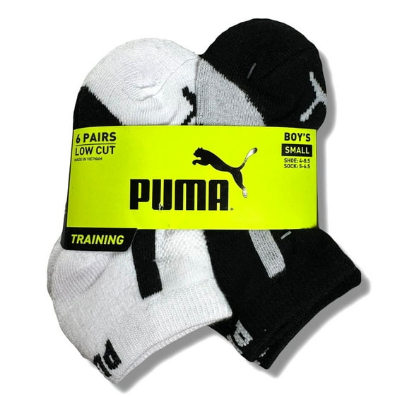 PUMA SOCKS BOYS X6 - QUARTER 253 - PIPE BLACK WHI - SMALL SZ SHOE 4-8.5 - 6 PACK