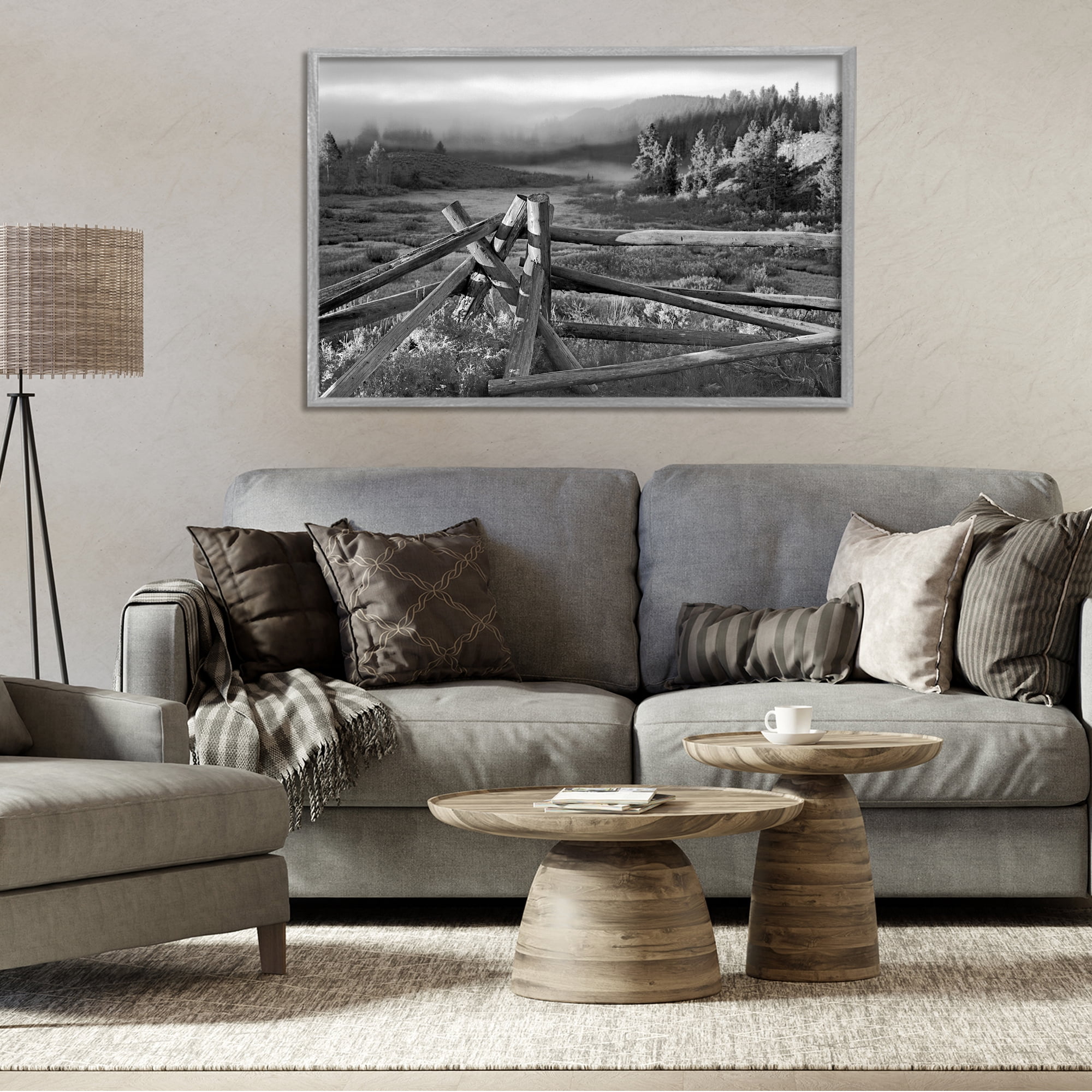 Grand Tetons Fence Beyond Gray Framed Giclee Art, design by MJ Photography