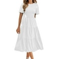 thumbnail image 2 of GZWYHT Summer Dresses,Dresses for Women 2025 Women's Summer Casual Flutter Short Sleeve V Neck Smocked Elastic Waist Tiered Midi Dress Midi Dresses,Flowy Dresses,White Dress,Petite Dresses XL, 2 of 4