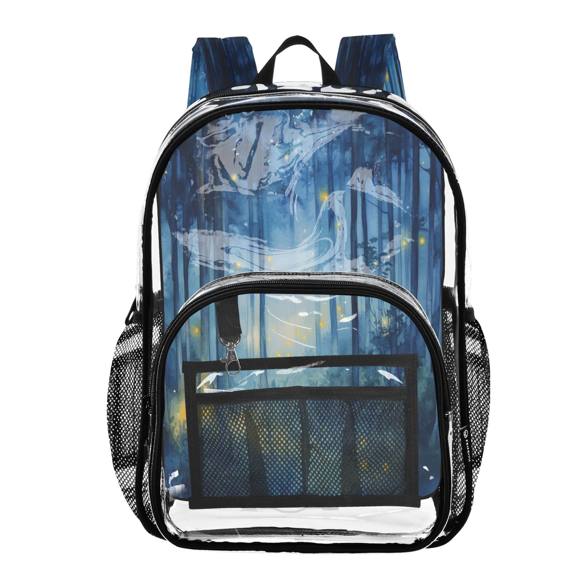 Clear PVC Backpack Large Capacity Multi-Pocket Printed Shoulder Bag Lightweight Daypack for School Travel Outdoor Firefly Forest