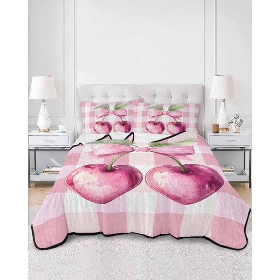 Quilts Queen Size, Spring Cherry Fruit Soft Comforter Bedding Set for Bed, Farmhouse Buffalo Plaid Pink Bow Lightweight Quilted Bedspread with Pillow Cover(2 Pieces) for All Season, 90x96 Inch
