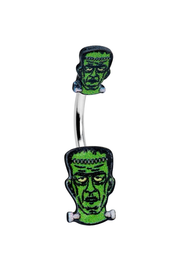 Womens 316L Steel Piercing Glow in the Dark Green Monster Head Double Mount Belly Button Ring