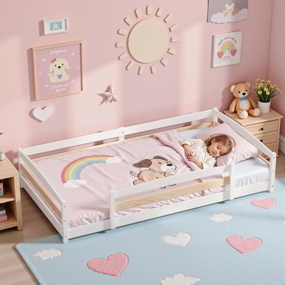 Twin Size Floor Bed Frame with 2 Openings, Wooden Low Montessori Bed with Safe Guardrails for Boys Girls, White