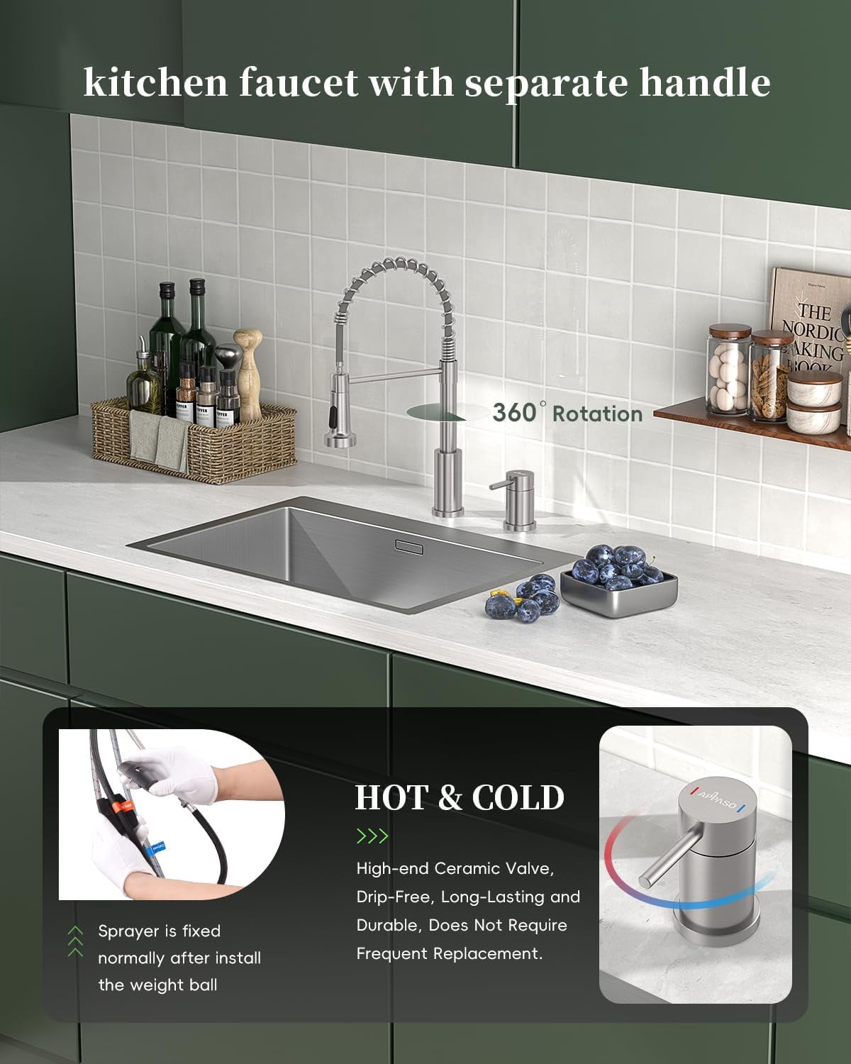 2 Hole Kitchen Faucet Brushed Nickel with Separate Handle, SUS304 Stainless Steel Two Holes Faucet for Kitchen Sink,