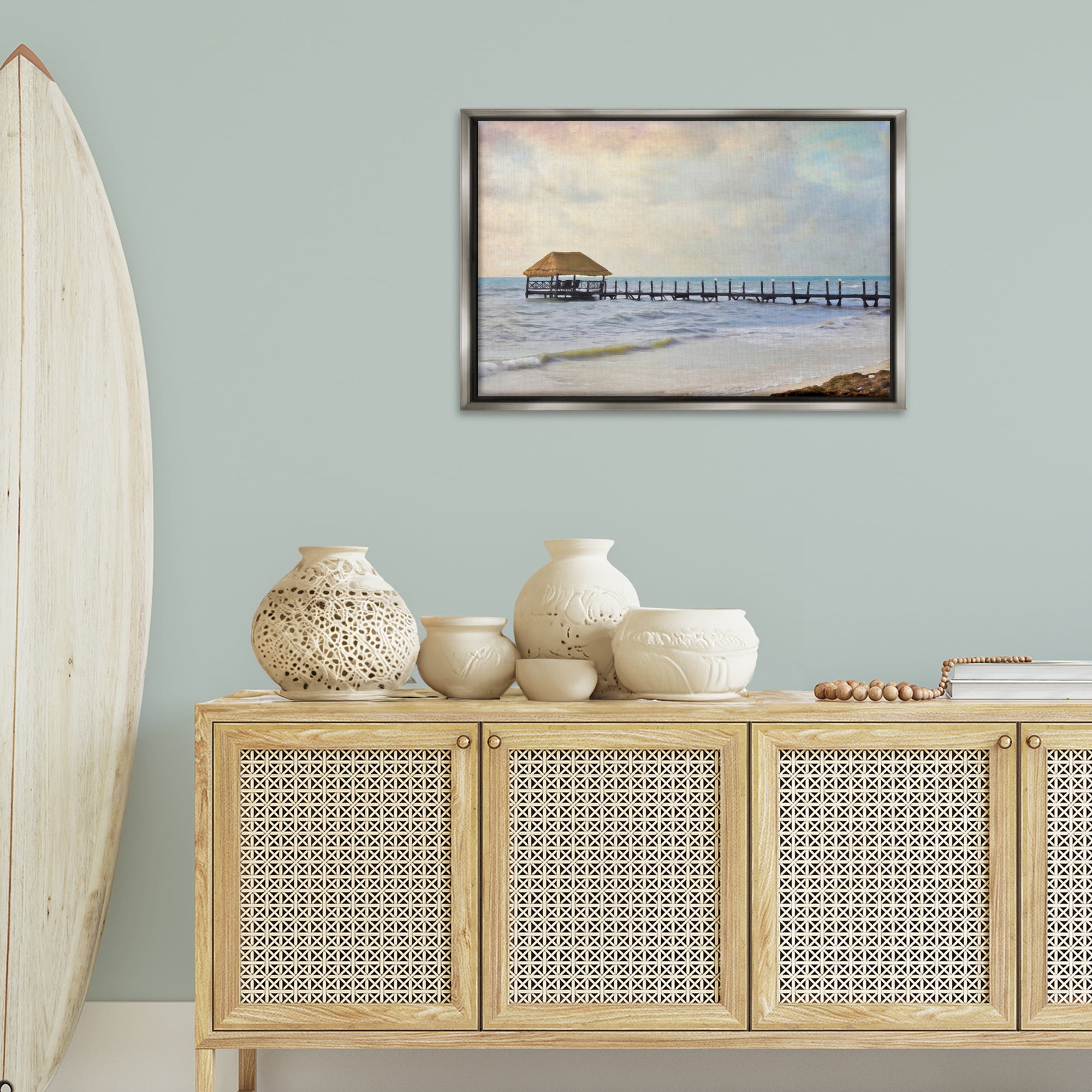Stupell Industries Paradise Pier Shoreline Nautical & Beach Painting Gray Floater Framed Canvas Art Print Wall Art, 31 x 21