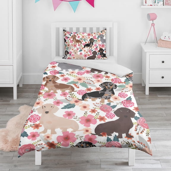 Dachshund and Flower Duvet Cover and Pillowcase Set for Single Bedding, Bedroom Accessories for Kids Teens