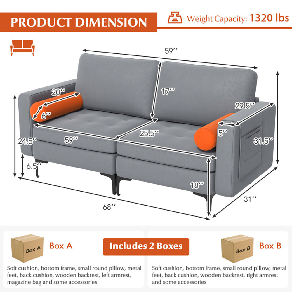Finihen Loveseat Sofa, Modern Loveseat Sofa with 2 Bolsters and Side Storage Pocket, for Living Room, Bedroom, Gray Finihen Loveseat Sofa, Modern Loveseat Sofa with 2 Bolsters and Side Storage Pocket, for Living Room, Bedroom, Gray