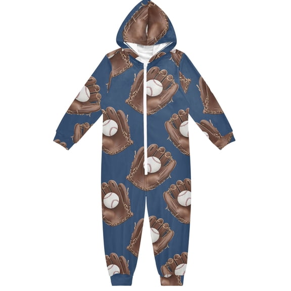 Baseball Boys & Girls Hooded One-Piece Pajamas Warm Crystal velvet Hooded Long Sleeve Loungewear Jumpsuit Unisex