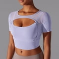 thumbnail image 3 of Oplxuo Short Sleeve Gym Workout Crop Tops for Women Sexy Sheer Mesh Cutout Fitted Yoga Running Shirts Going Out Blouse, 3 of 4