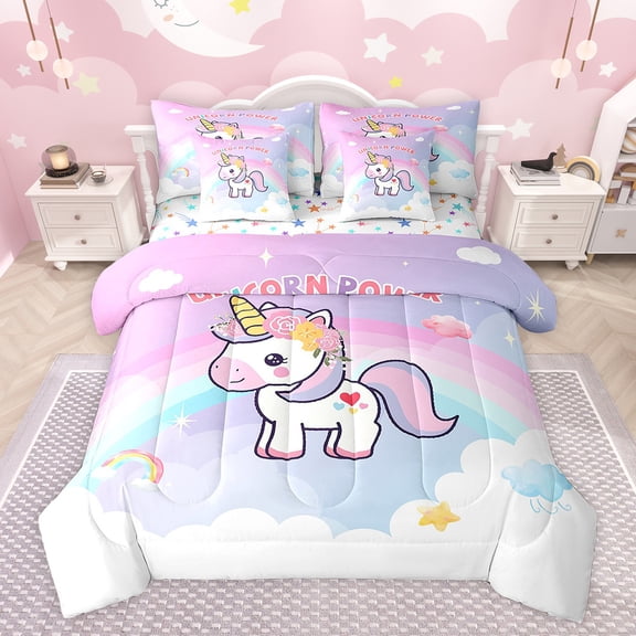 Feelyou Dreamy Unicorn Kids Twin Bedding Sets 7-Piece, Rainbow Stars Rainbow Bedding Comforter Set, Kawaii Cartoon Animal Reversible Sheet Sets, Microfiber Bedroom Decor