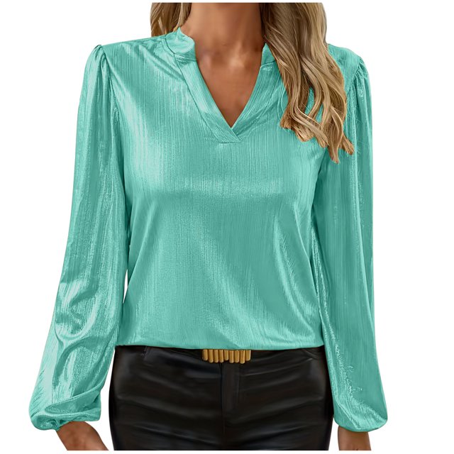 Yanlir Chemise à Manches Longues Col en V Mode Femme Couleur Unie Décontractée Élégante Tenue de Bureau Confortable (Vert Menthe)