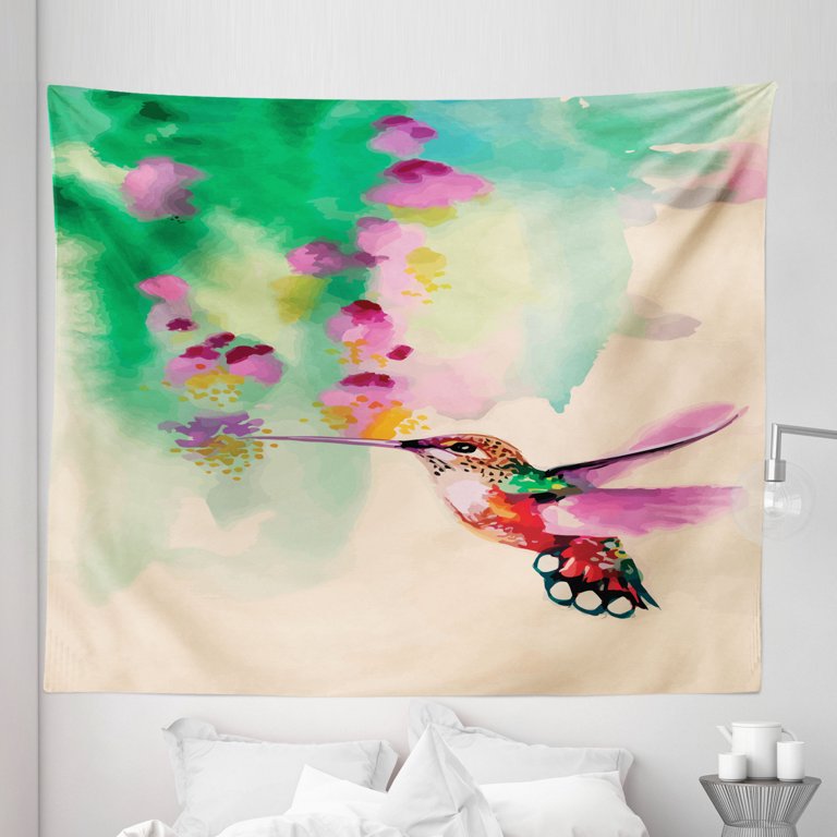 Nature Tapestry, Art with Colibri Bird and Flowers Romantic Springtime  Tropics Nature Theme, Fabric Wall Hanging Decor for Bedroom Living Room  Dorm, 5