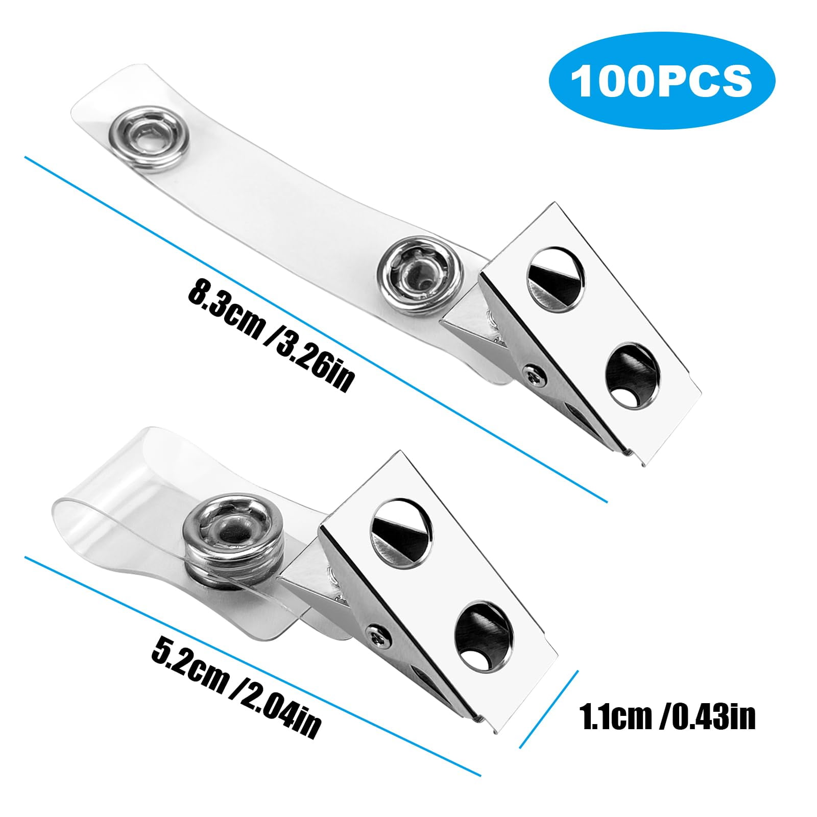 Metal Badge Clips with Clear PVC Straps, ID Card Holder Adapter for Security Access, Office Use, Silver