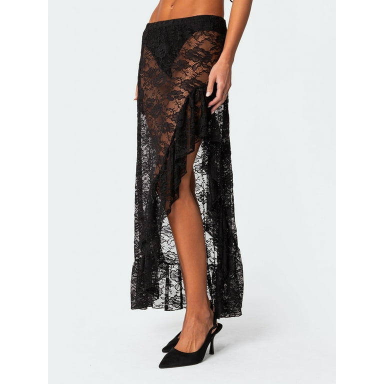 Tasdouyy Women s High Waisted Floral Lace Sheer Asymmetrical Hem Mesh Maxi Skirt Walmart
