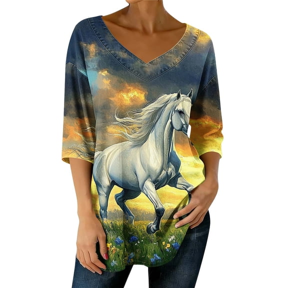 Women's Tops, Tees & Blouses Cotton,Horses Lover Shirt for Women Horse Racing Tops Tshirt Funny 3/4 Sleeve T-Shirt Casual Animal Graphic Tees