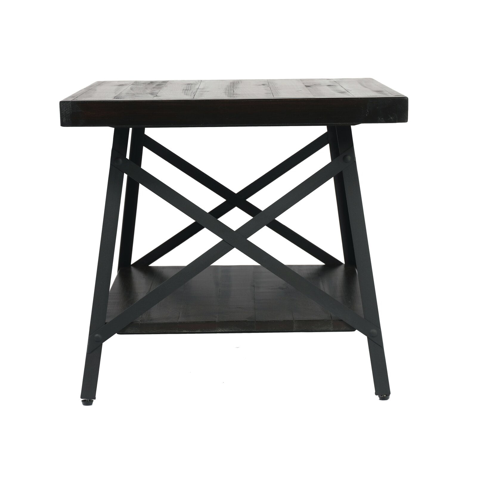 Kinsella End Table with Storage Solid steel with angled legs cross bracing and exposed metal rivets Distressed solid pine planked top