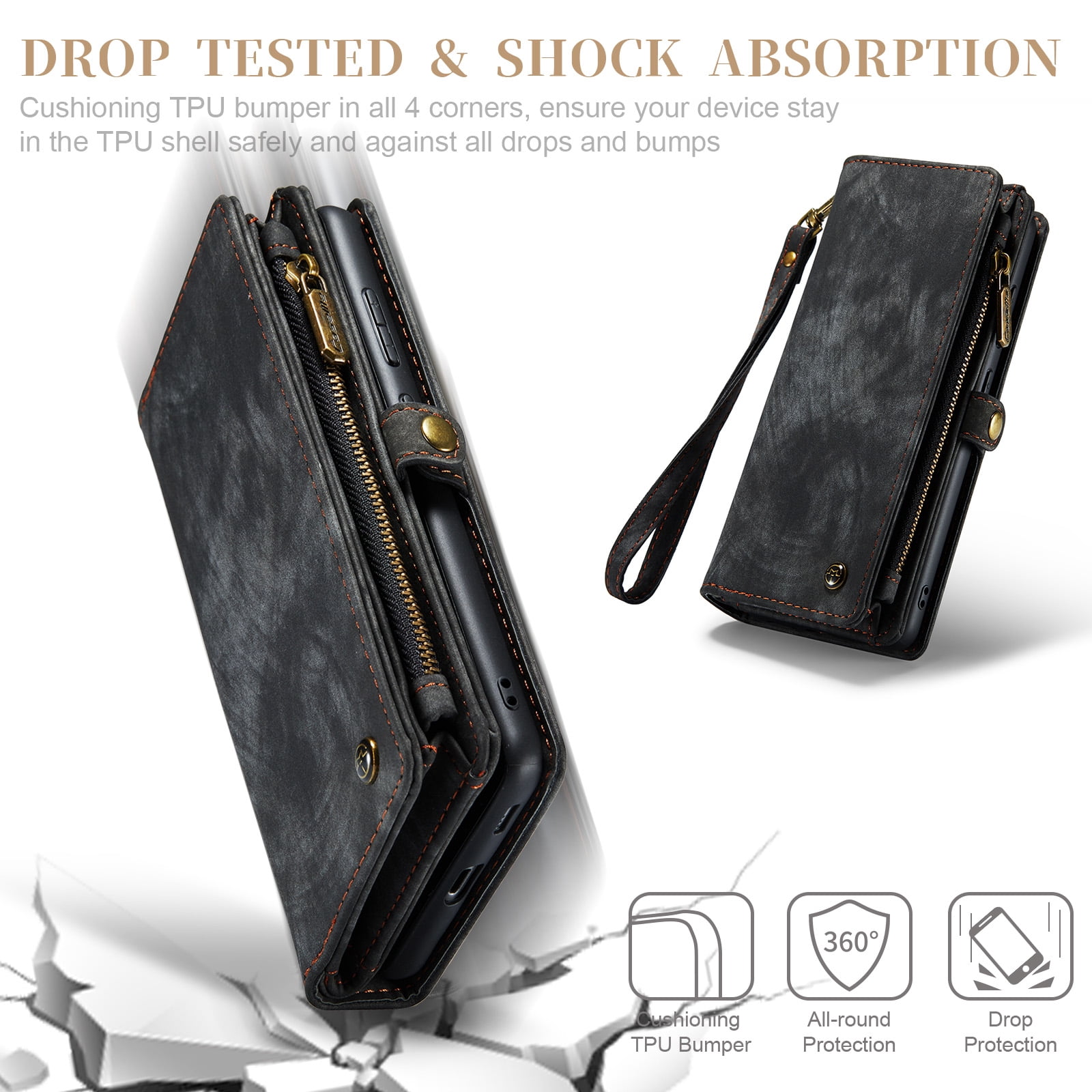 Feishell Durable 2-In-1 Magnetic Detachable Wallet Case for Samsung Galaxy S22,for Women Men,Premium PU Leather Zipper Pocket Flip Multi Card Slots Purse Phone Case with Wrist Strap,Black
