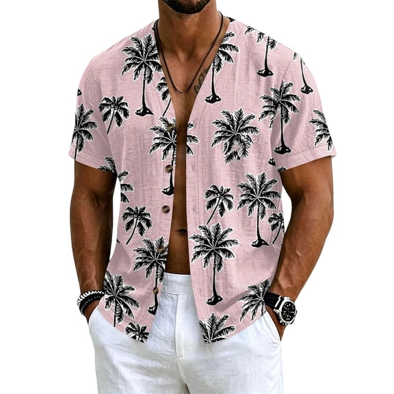 Uwinwear Men's Linen Cotton Short Sleeve Button Up V Neck Shirts Lightweight Tops Hawaiian Summer Beach Printed Casual Shirts Breathable Casual Wear,Pink,S
