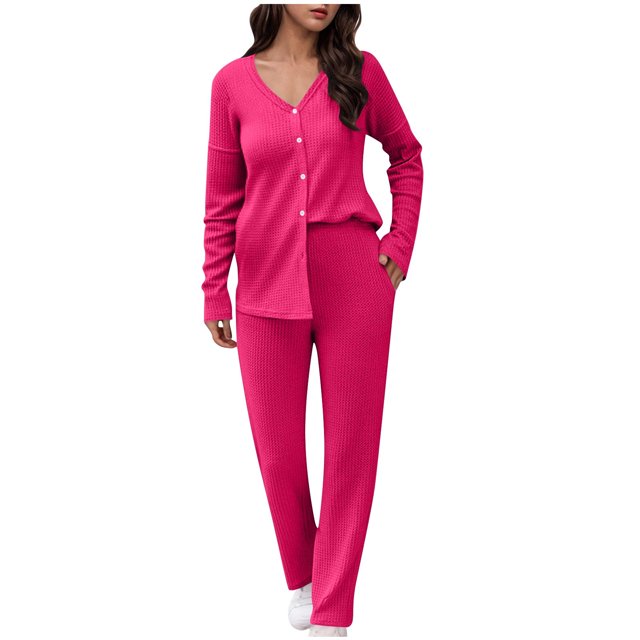 Miqool Pajama for Women Sets 2 Piece Lounge Ribbed Long Sleeve Button Top Matching Pants Sleepwear PJ Set Fall Outfits