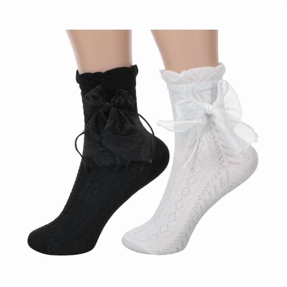Eryueer 2 Pairs Ruffle Socks with Bow, Cute Princess Lolita Frilly Socks for Women Girls, Breathable Cotton Lace Ankle Sock for Women(Black, White)