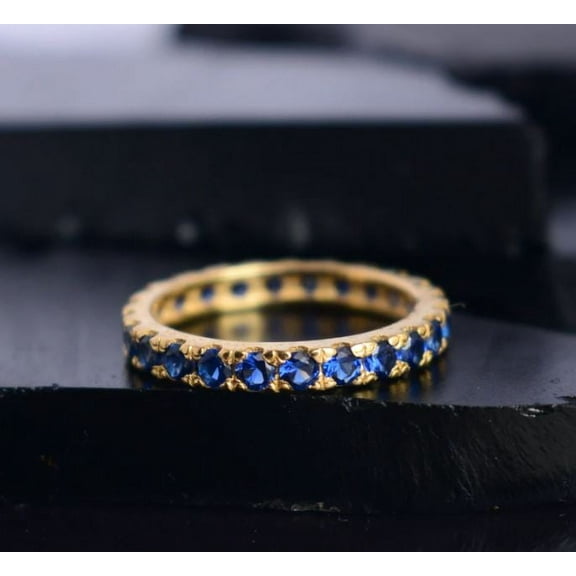 Blue Sapphire Eternity Band Stacking Ring Wedding Engagement 925 Sterling Silver Yellow Gold Plated Gemstone Jewelry For Women Gift
