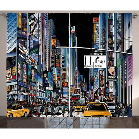 City Curtains 2 Panels Set Cartoon Style New York Night Scene