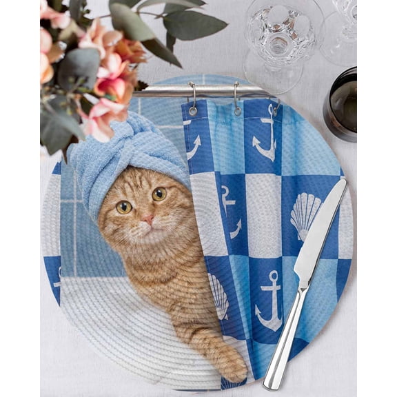 15 Inch Round Placemats Set of 4, Funny Cat Non Slip Heat Insulation PP Table Mats, Cute Art Modern Lovely Animals on Showering Blue Washable Place Mats for Kitchen Dining Party Table Decor