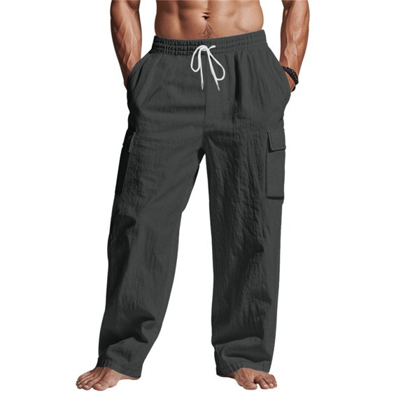 Men's Cotton Cargo Pants Mulit Pockets Drawstring Waisted Loose Straight Trousers Dark Gray L