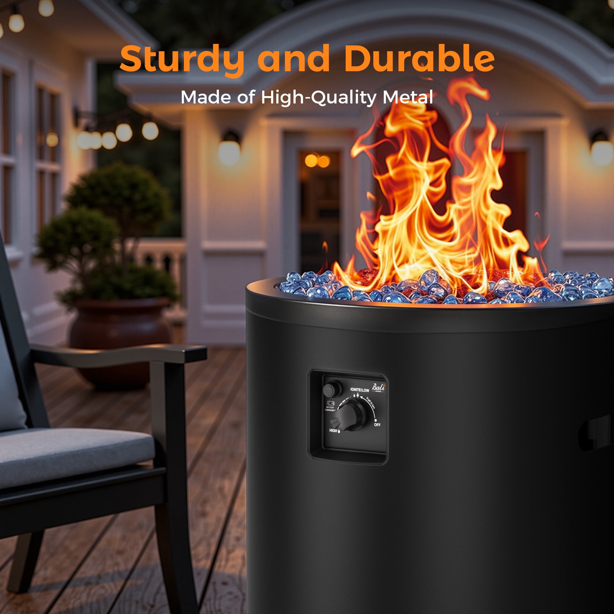 BALI OUTDOORS 23" Gas Fire Pit Propane Fire Column, 50,000BTU Round Propane Fire Pit Table with Glass Stones