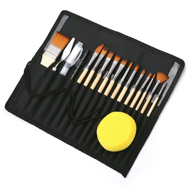 Juego de 18 pinceles de pintura para artista, paquete de bolsa con raspador, pincel de acuarela, pluma, pelo de nailon, delicado mango de madera, estuche de lona, suministros de arte, regalo para niño