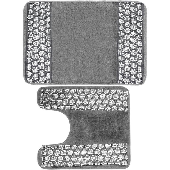 PBP Popular Sinatra Silver Bathroom Banded Bath & Contour Rug Set