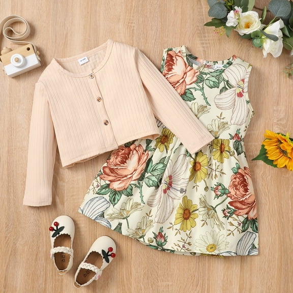 PatPat Toddler Girl Floral Sleeveless Dress and Button Long-sleeve Cardigan Set,Sizes 18M-6Y,2-Piece, Beige,4-5T