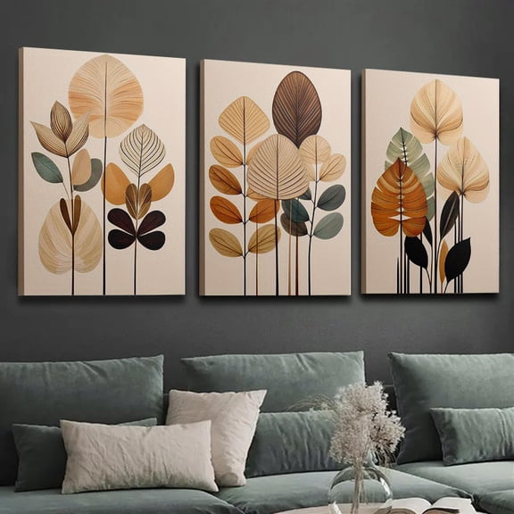 [Scandinavian art | medieval] 3pcs wood frame decorative prints | 2D flat Scandinavian art | medieval abstract plant leaf patterns | sage green black off-white | indoor wall decor art