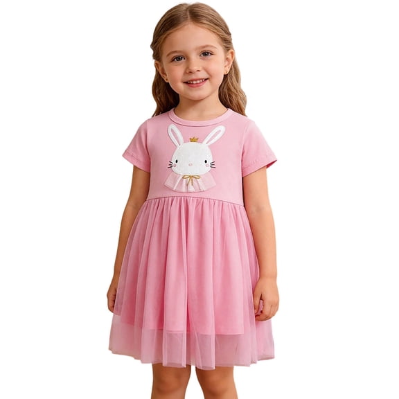 FSYBOA Girls Casual Dresses, Crew Neck Short Sleeved Loose Midi Length Kids Sundresses Pink Size 2-8 T