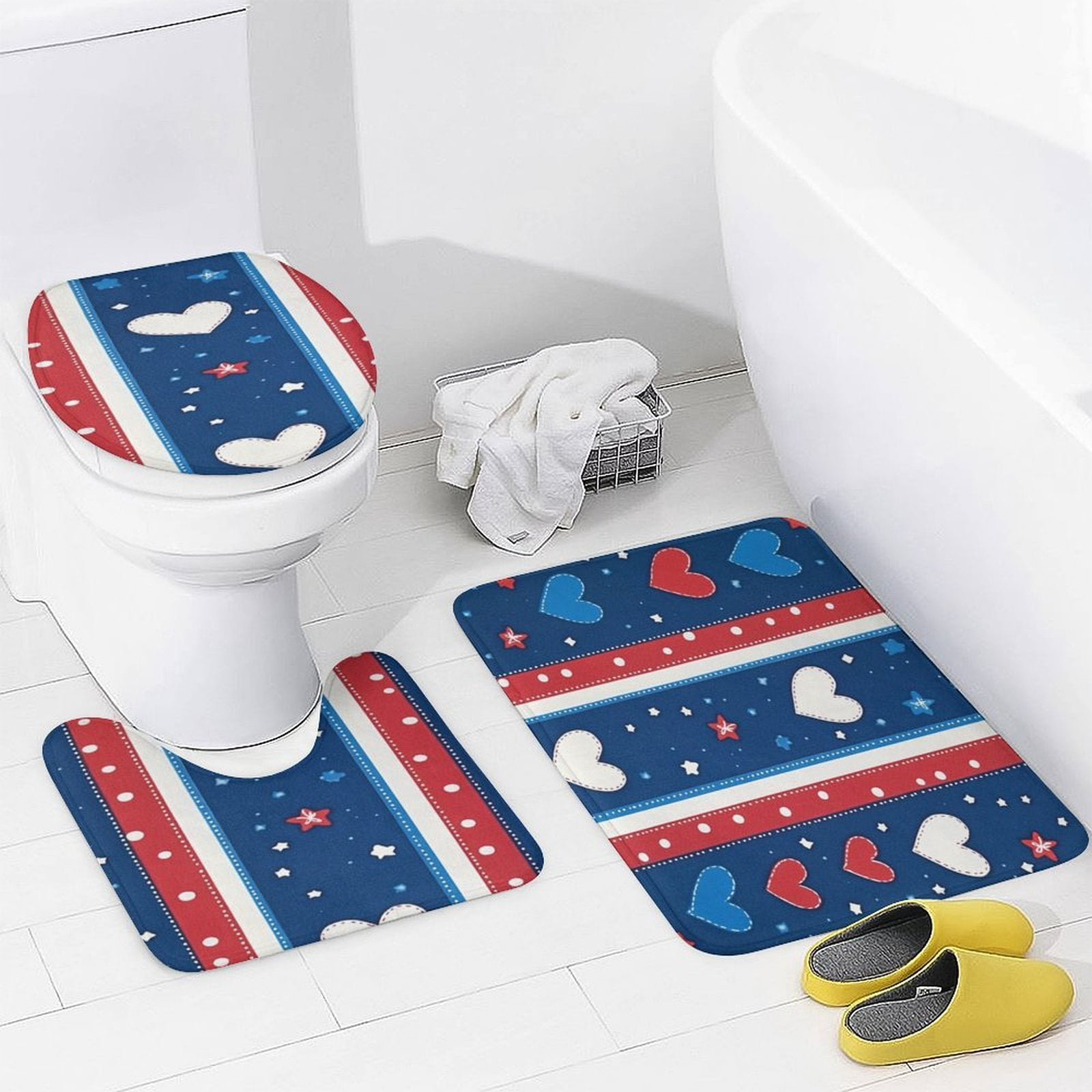 USA Hearts & Stars Shower Curtain Sets 4 Piece Bathroom Shower Curtain Set with Rugs Memorial Day Patriotic Waterproof Fabric Bath Curtain for Bathroom Decor Set