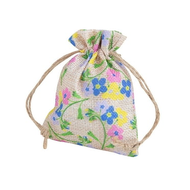 Mini Floral Print Burlap Drawstring Bags – 12 Pieces