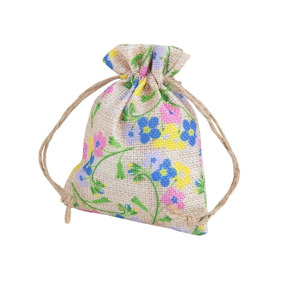 Mini Floral Print Burlap Drawstring Bags – 12 Pieces