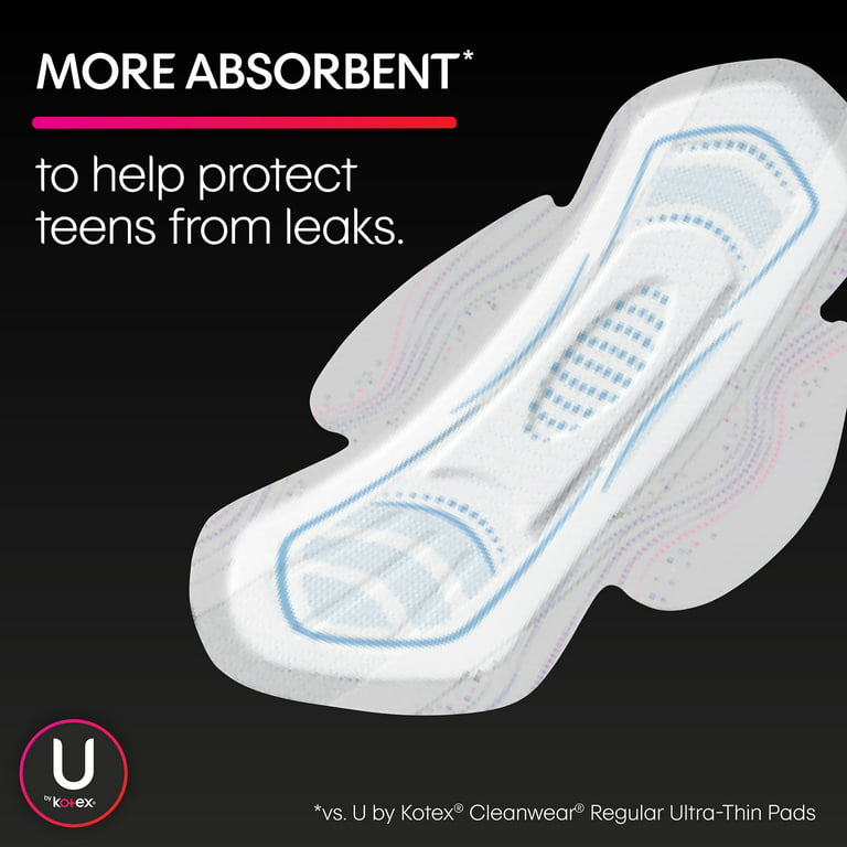 U By Kotex Teen Thin Feminine Pads with Wings, Extra Absorbency, Unscented,  14 Each