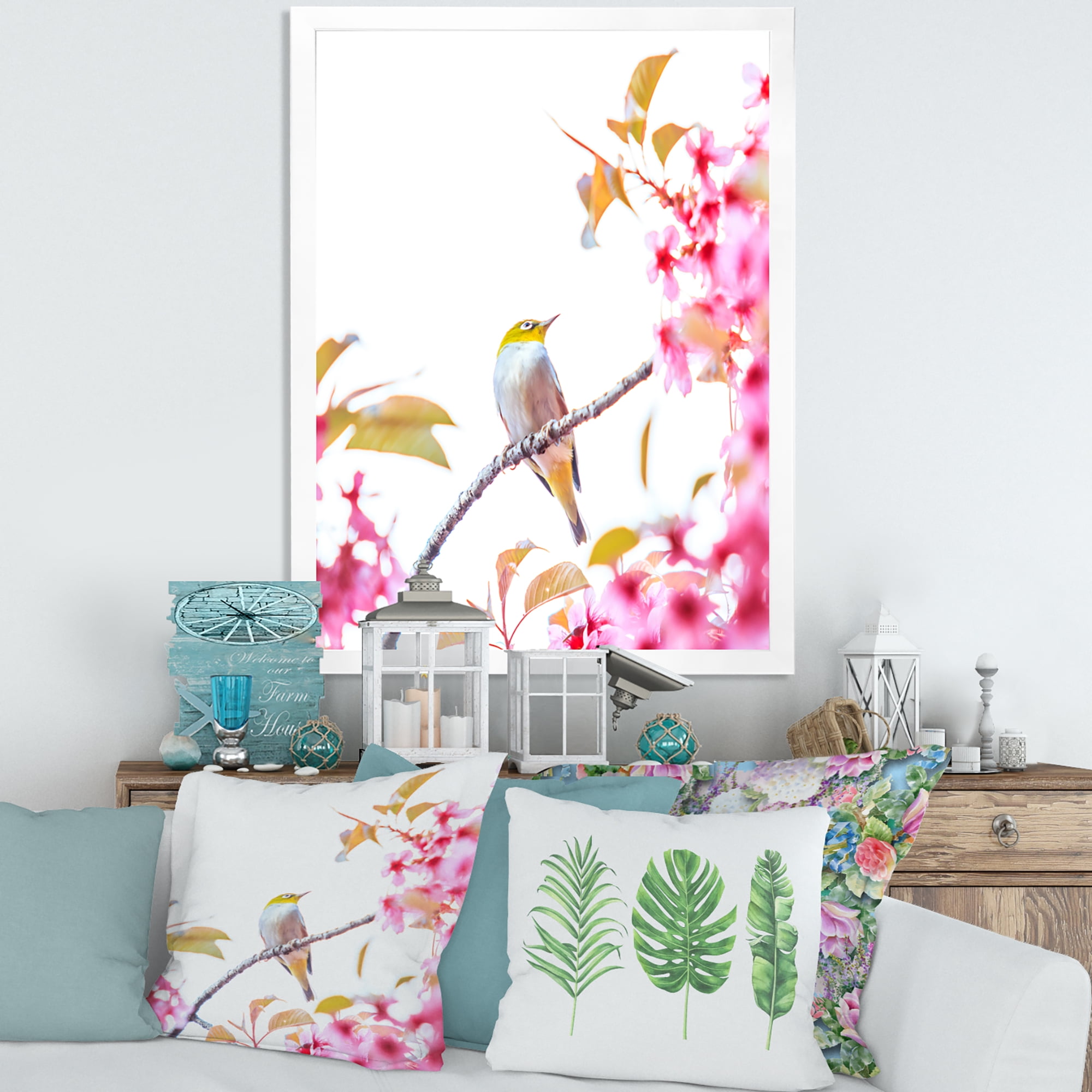 Designart 'Bird Sitting On Cherry Blossom' Traditional Framed Art Print