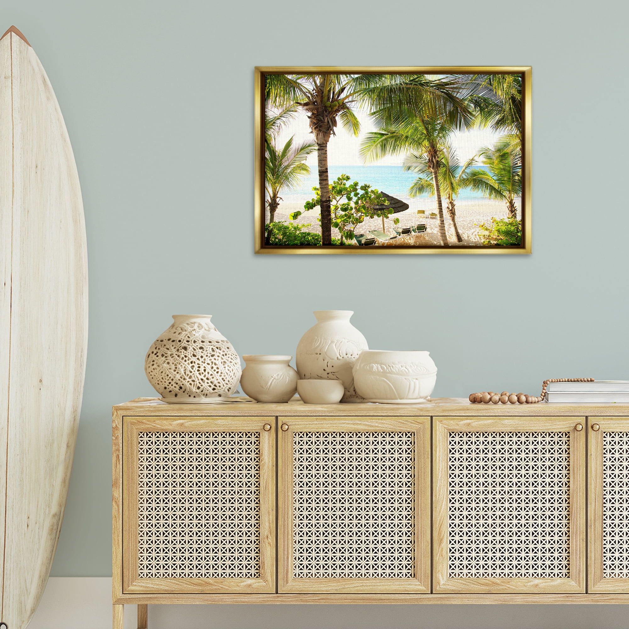 Stupell Industries Tropical Beach Resort Landscape Photography Gold Floater Framed Canvas Art Print Wall Art, 31 x 21